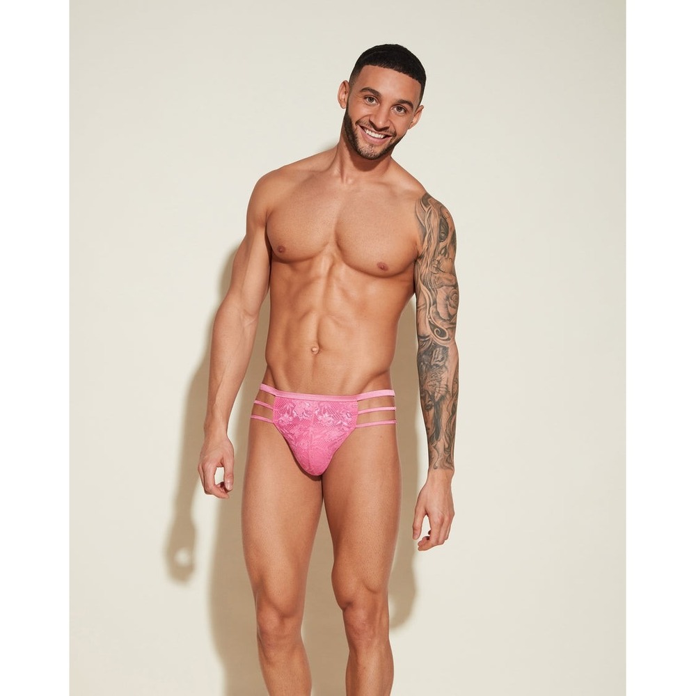 Cosabella Mens Pink Floral Lace Triple Strap Adjustable Thong Underwear